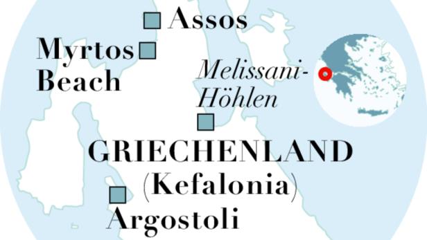 Eine Karte von Kefalonia, Griechenland, mit hervorgehobenen Orten wie Fiskardo, Assos und Myrtos Beach.