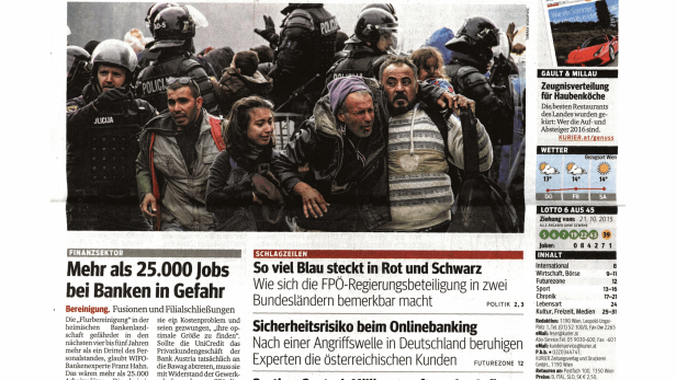 Titelseite des Kurier vom 22. Oktober 2015 mit Schlagzeilen zu Flüchtlingen und Wirtschaftsnachrichten.