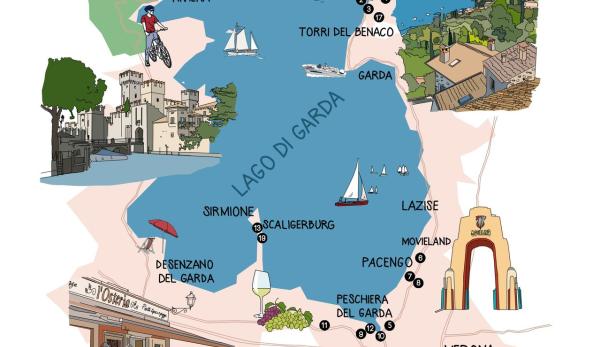 Eine illustrierte Karte des Gardasees mit verschiedenen Sehenswürdigkeiten und Städten.