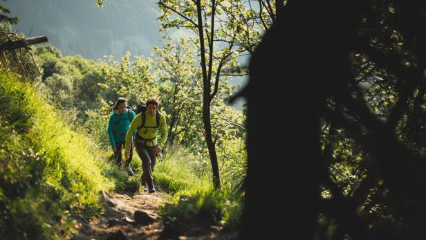 Ein Mann und eine Frau wandern mit Rucksäcken auf einem Pfad durch einen grünen Wald.