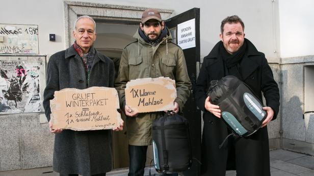 Caritas-Präsident Michael Landau, ein &quot;Gruft&quot;-Gast und Schauspieler Cornelius Obonya.