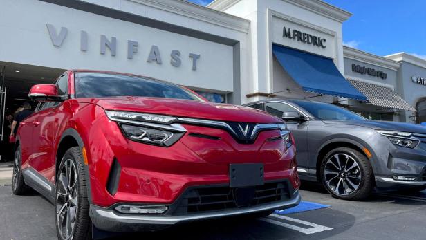 FILE PHOTO: VinFast electric vehicles are parked at a store in Los Angeles, U.S.