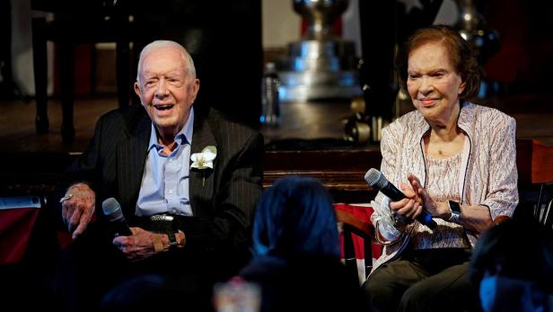 FILE PHOTO: Former U.S. President Jimmy Carter and his wife, former first lady Rosalynn Carter celebrate their 75th wedding anniversary in Plains, Georgia