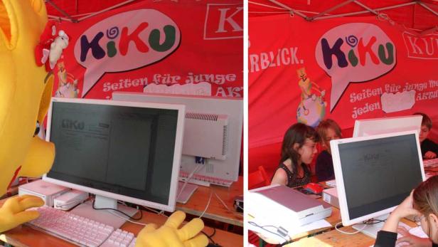 Kinder sitzen an Computern unter einem roten Zelt mit der Aufschrift „KiKo“.