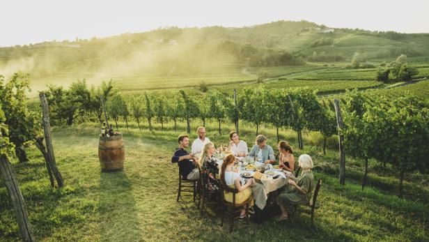 Eine Gruppe von Menschen isst im Freien in einem Weinberg zu Abend.
