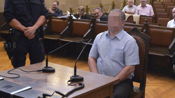 Ein Mann mit verpixeltem Gesicht sitzt in einem Gerichtssaal vor Mikrofonen.