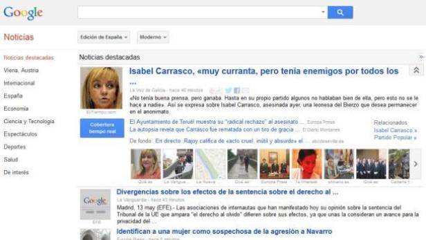 Ein Screenshot der Google News-Seite mit Artikeln über Isabel Carrasco.