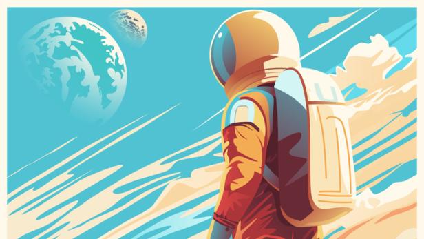 Ein Astronaut steht auf einem fremden Planeten und blickt ins All.