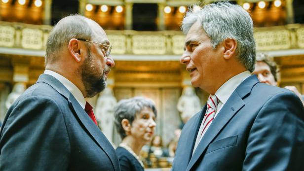 EU-Parlamentspräsident Schulz mit Bundeskanzler Faymann und Parlamentspräsidentin Prammer im Hohen Haus am Ring.