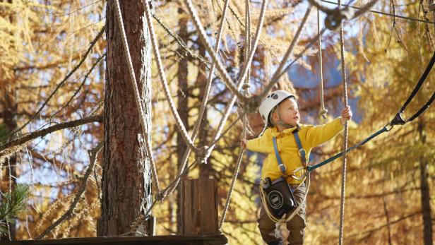 Ein kleiner Junge klettert gesichert in einem Hochseilgarten.