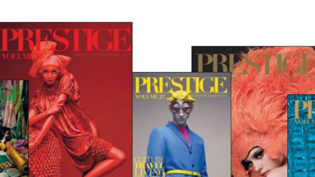 Mehrere Ausgaben des „Prestige“-Magazins mit verschiedenen Covermotiven.