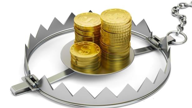 Credit trap with golden coins, 3D rendering