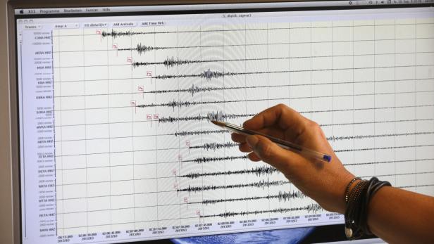 Eine Hand deutet mit einem Stift auf einen Seismographen auf einem Computerbildschirm.