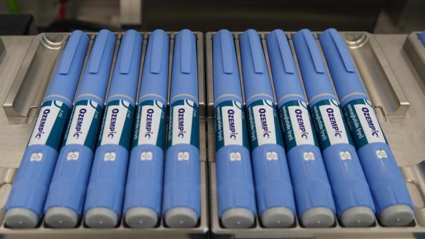 Ozempic pens sit on a production line at Novo Nordisk's site in Hillerod
