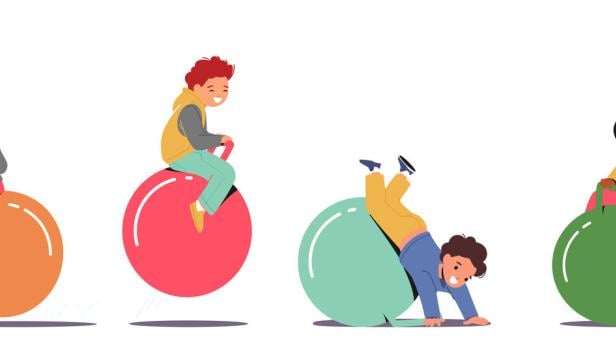 Zu sehen sind mehrere animierte Kinder, die auf bunten Hüpfbällen springen. Ein Kind ist umgefallen und stützt sich lachend mit den Händen vom Boden ab