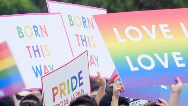 Menschen halten Schilder mit Aufschriften wie „Love is Love“ und „Born This Way“ bei einer Pride-Parade.