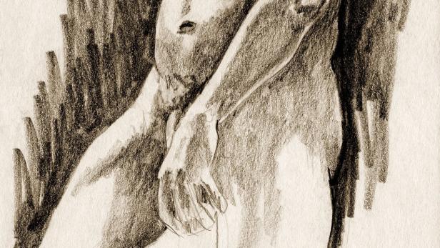 Eine Bleistiftzeichnung einer unbekleideten Person mit dunklen, schattigen Flügeln.