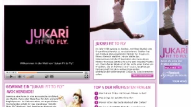 Screenshot einer Webseite für „Jukari Fit to Fly“ mit Reebok-Branding.