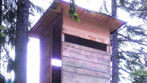 Ein hölzerner Hochsitz steht zwischen Bäumen im Wald.