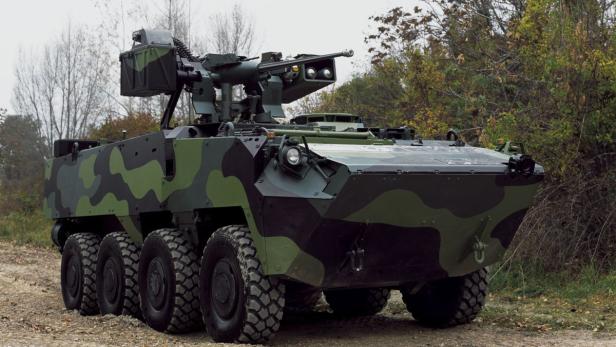 Ein militärisches Mehrzweckfahrzeug mit Tarnmuster steht im Gelände.