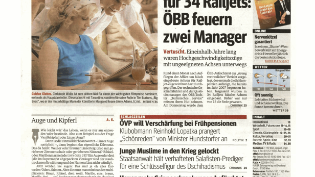 Titelseite der Zeitung „Kurier“ vom 12. Dezember 2014.