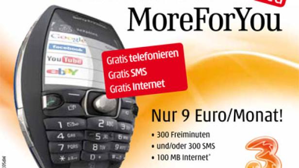 Ein älteres Mobiltelefon wird für einen „MoreForYou“-Tarif mit Freiminuten und Internet beworben.