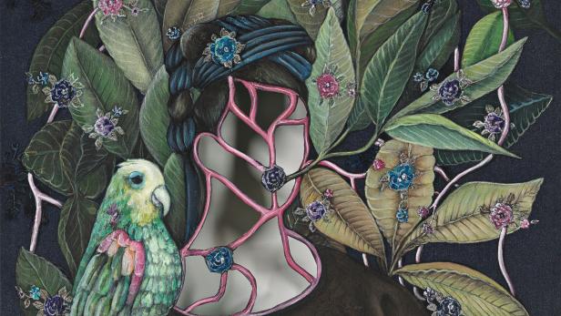 Ein Gemälde im Stil von Frida Kahlo mit einem Papagei und floralen Elementen.