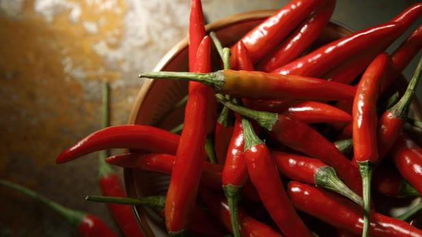 Viele rote Chilischoten liegen in einer Schale.