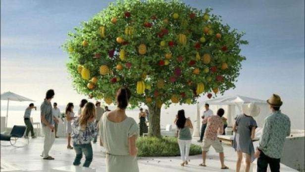 Eine Gruppe von Menschen versammelt sich um einen Baum mit bunten Früchten auf einer Dachterrasse.