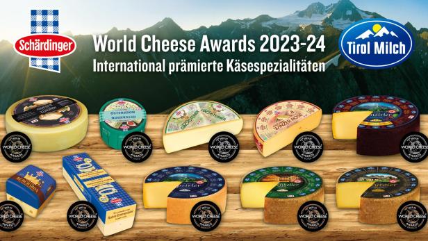 Verschiedene Käsesorten der Marken Schärdinger und Tirol Milch, ausgezeichnet bei den World Cheese Awards 2023-24.