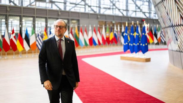 Alexander Schallenberg geht vor einer Reihe von europäischen Flaggen