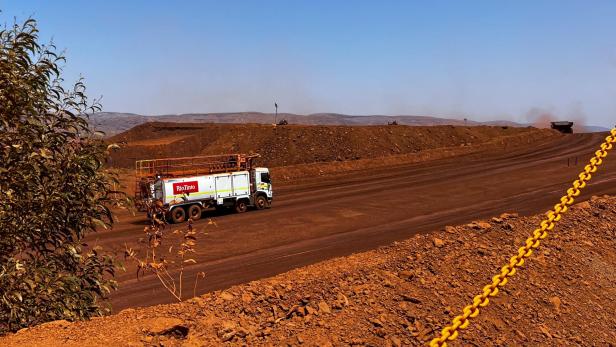 A mining truck ascends an incline at Rio Tinto's Gudai-darri iron ore mine in the Pilbara region of Western Australia