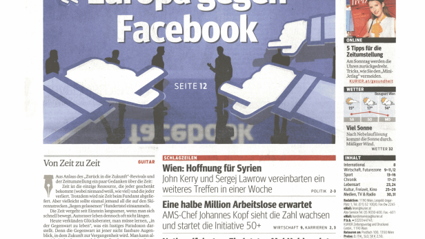 Titelseite des Kurier vom 24. Oktober 2015 mit Schlagzeilen zu Europa gegen Facebook und Flüchtlingen in Spielfeld.