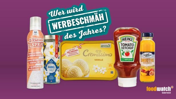 Verschiedene Lebensmittelprodukte, darunter Eis, Ketchup und Smoothie, werden für den „Werbeschmäh des Jahres?“ beworben.