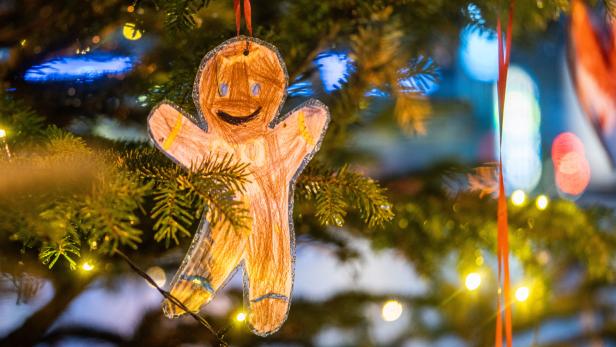 Ein selbstgemachter Lebkuchenmann hängt an einem Weihnachtsbaum.