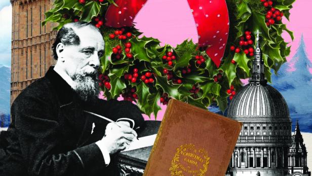 Eine Collage mit Charles Dickens, dem Big Ben, der St Paul's Kathedrale und einem Weihnachtskranz.