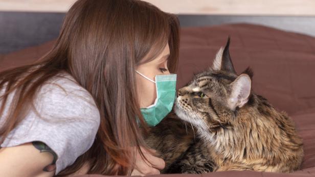 Eine Frau mit Mundschutzmaske schmust mit einer Katze