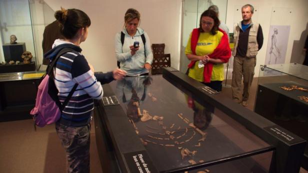 Besucher betrachten ein menschliches Skelett in einer Vitrine in einem Museum.