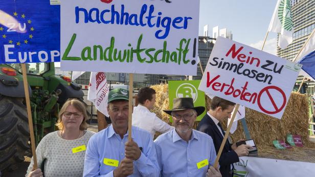 Bauern demonstrieren vor der EU-Zentrale gegen strengere Umweltschutz-.Auflagen