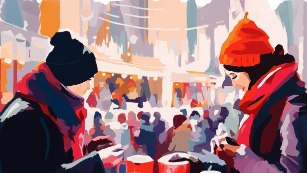 Zwei Personen stehen an einem Tisch mit Glühwein auf einem Weihnachtsmarkt und nutzen ihre Handys.