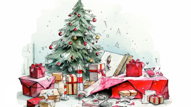 Ein Weihnachtsbaum steht neben einem Haufen geöffneter Geschenke.