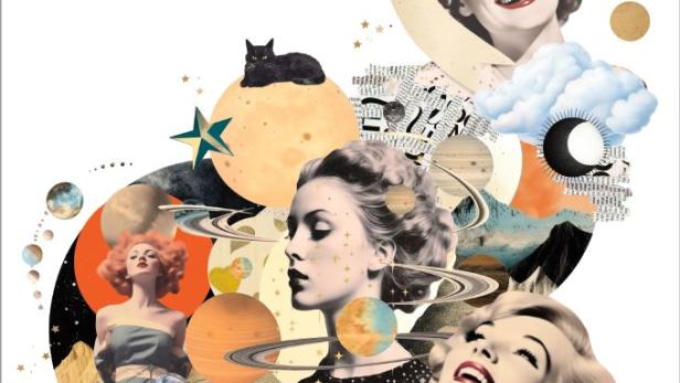 Eine Collage mit Frauenporträts, Planeten, Sternen und einer schwarzen Katze auf einem Mond.