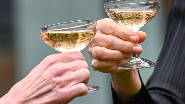 Zwei Personen stoßen mit Sektgläsern an.