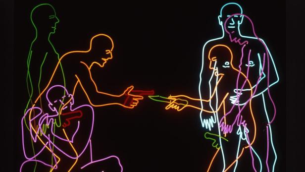Bruce Naumans provozierende Neonarbeit „Sex and Death“.