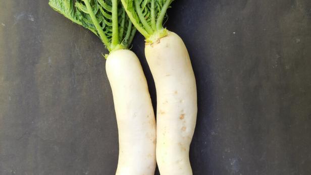 Zwei weisse Rettiche mit grünem Laub liegen auf einem dunklen Untergrund.