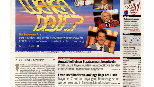 Titelseite des Kurier vom 13. Dezember 2014 mit Artikeln zu verschiedenen Themen.