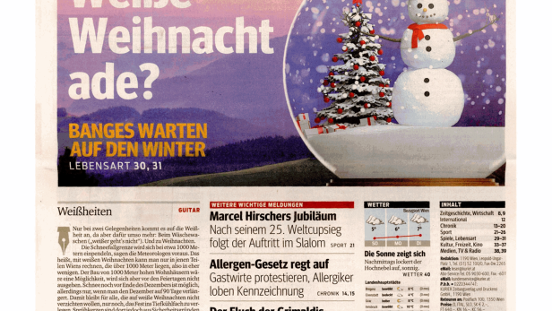 Titelseite des Kurier am Sonntag mit einer Schneekugel und der Frage „Weiße Weihnacht ade?“.