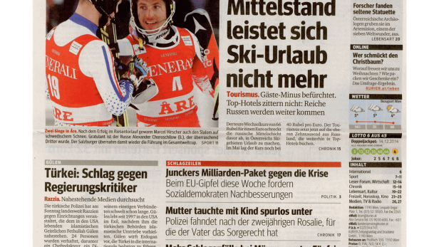 Titelseite des Kurier vom 15. Dezember 2014 mit Nachrichten und Anzeigen.