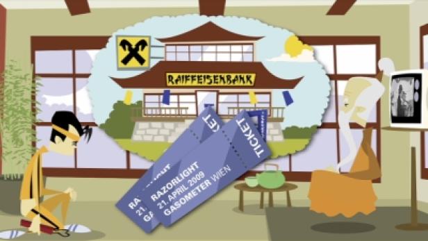 Ein junger Mann sitzt traurig, während eine ältere Frau fernsieht und zwei Tickets für „Razorlight“ in Wien im Raum liegen.