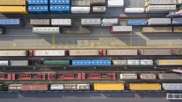 Aerial view of a railway freight terminal, Austria